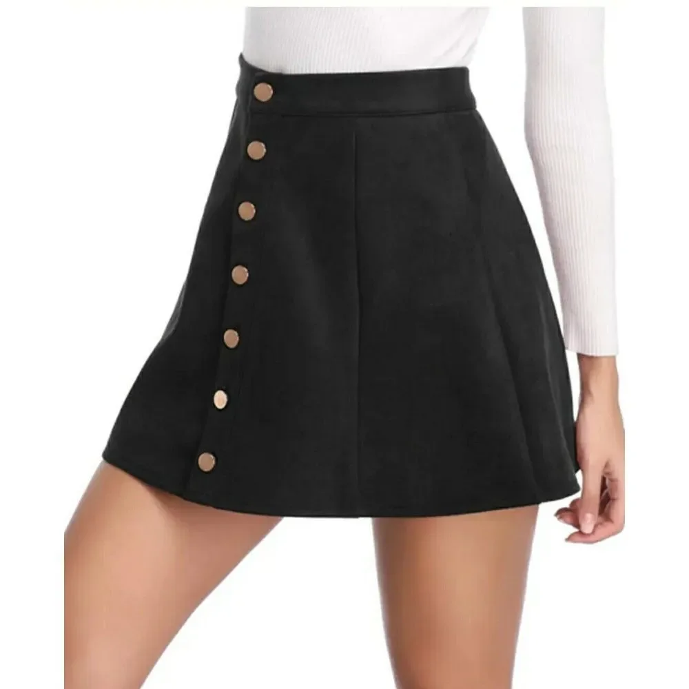 Fuinloth Faux‎ Suede Mini Skirt Black L Go Go Groovy Preppy